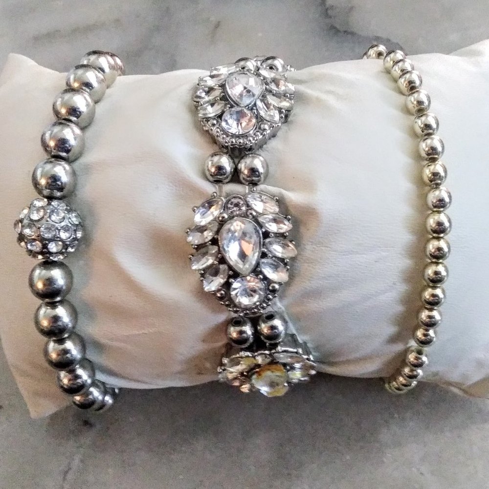 Set of 3 Silver Rhinestone Stretchy Shiny Blingy Bracelets